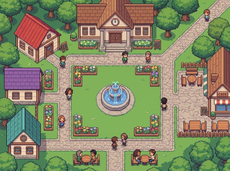 A pixel-art map of the Townhall: a fountain plaza, the townhall, a cafe and clubhouses